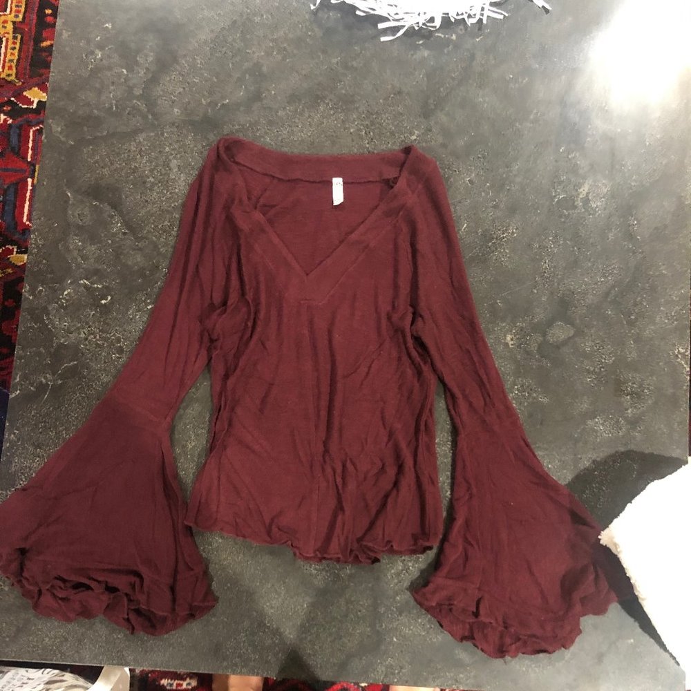 Free People V-Neck Red Flared Sleeved Top